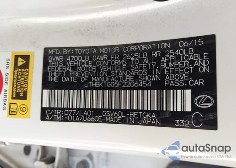 2015 Lexus Es 350 from USA, damaged, VIN JTHBK1GG5F2206454